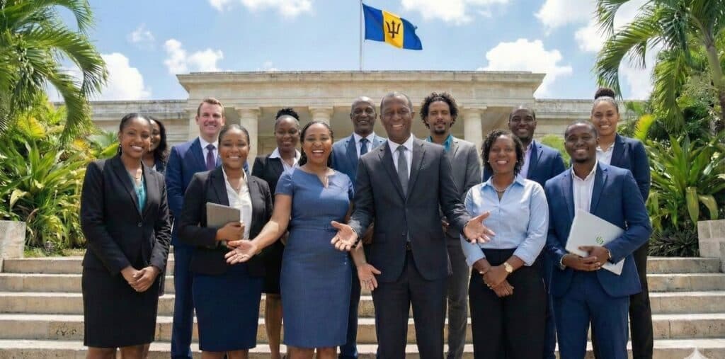 Barbadian professionals on the steps of a government building beside the Barbados flag